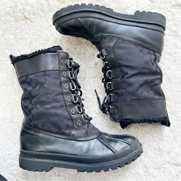 Coach Shoes - COACH Laura Black Signature Leather/Rubber Silver Hardwear Boots Lace Up Size 7